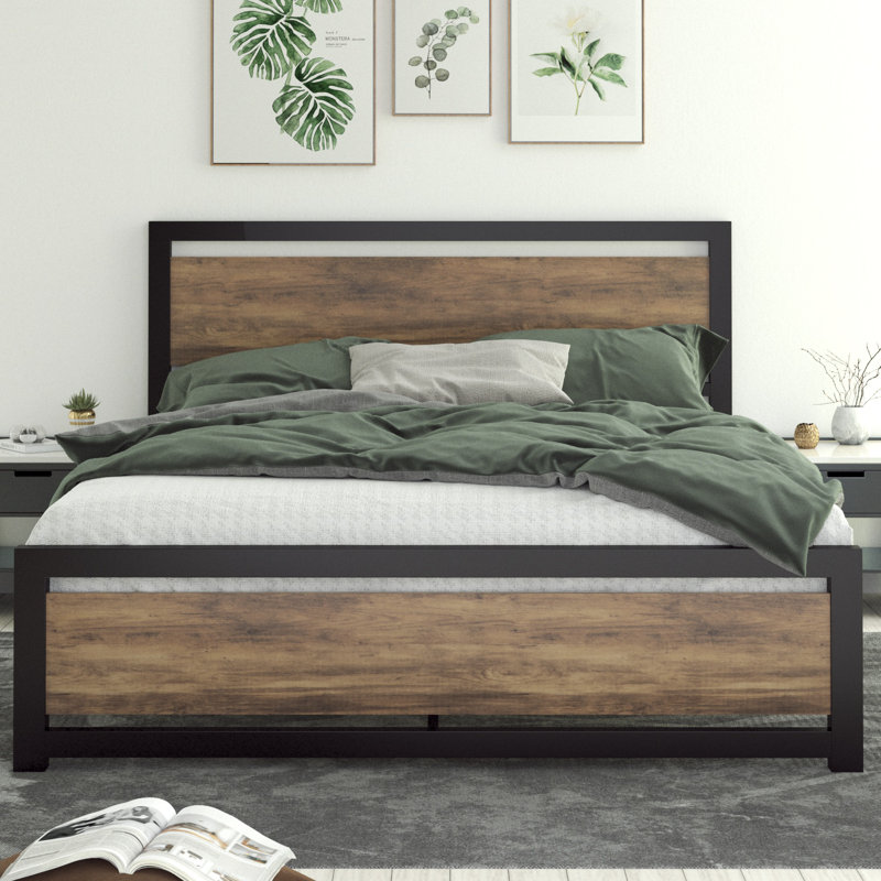 Steelside™ Marilee Wood and Black Metal Frame Bed with Headboard